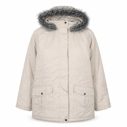 Front view of Atlas women’s beige parka coat, size UK 8, zip