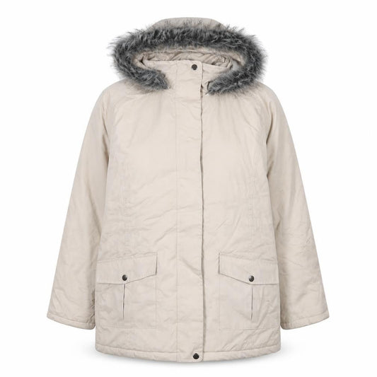 Front view of Atlas women’s beige parka coat, size UK 8, zip
