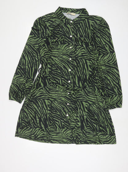 Oasis Womens Green Animal Print Polyester A-Line Size S Collared Button - Belted