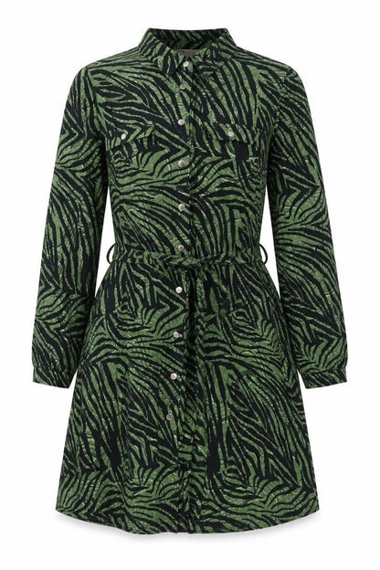 Oasis Womens Green Animal Print Polyester A-Line Size S Collared Button - Belted