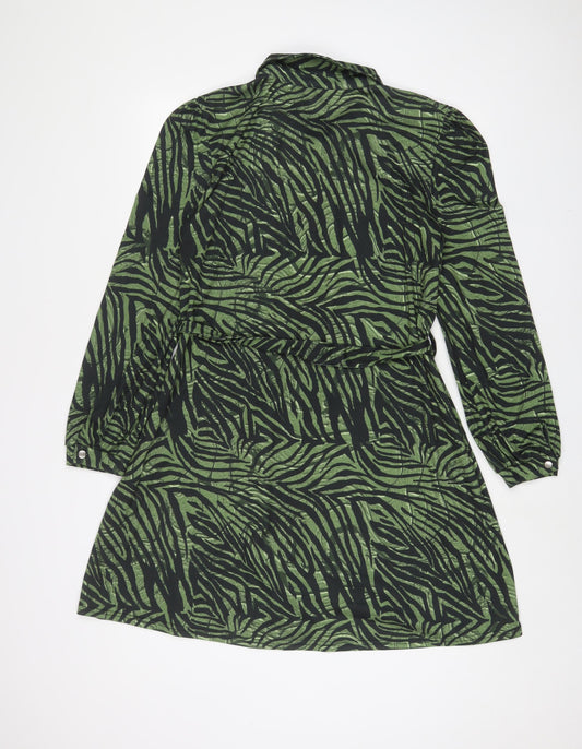 Oasis Womens Green Animal Print Polyester A-Line Size S Collared Button - Belted