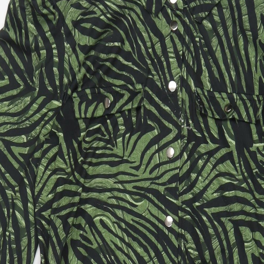 Oasis Womens Green Animal Print Polyester A-Line Size S Collared Button - Belted