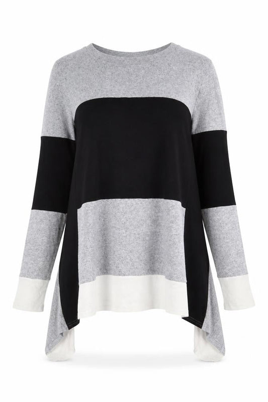 Front view of LTS women’s grey striped polyester a-line, size UK 10, crew neck pullover