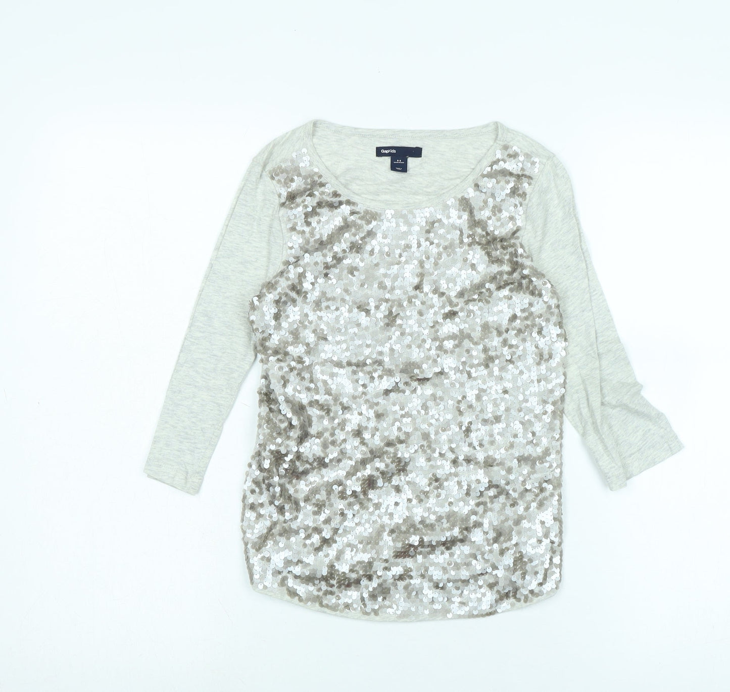 Gap Girls Grey Cotton Pullover T-Shirt Size 8-9 Years Crew Neck - Sequins