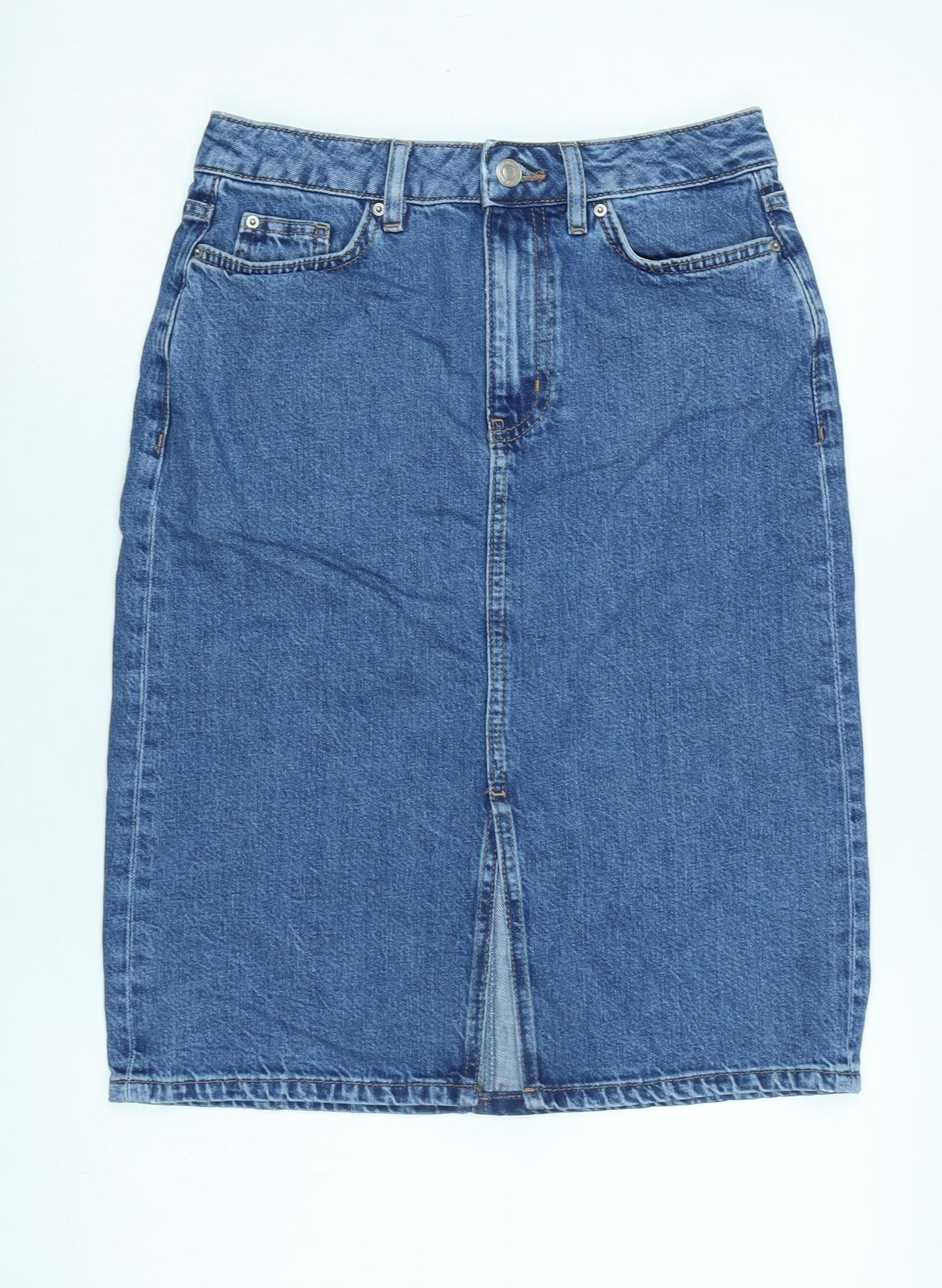 Marks and Spencer Womens Blue Cotton A-Line Skirt Size 8 Zip