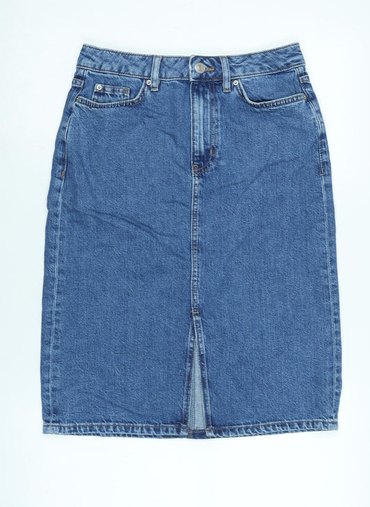 Marks and Spencer Womens Blue Cotton A-Line Skirt Size 8 Zip