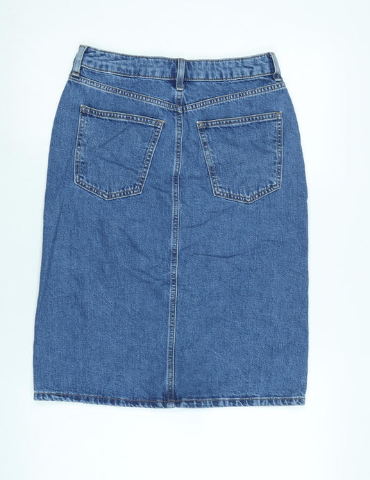 Marks and Spencer Womens Blue Cotton A-Line Skirt Size 8 Zip