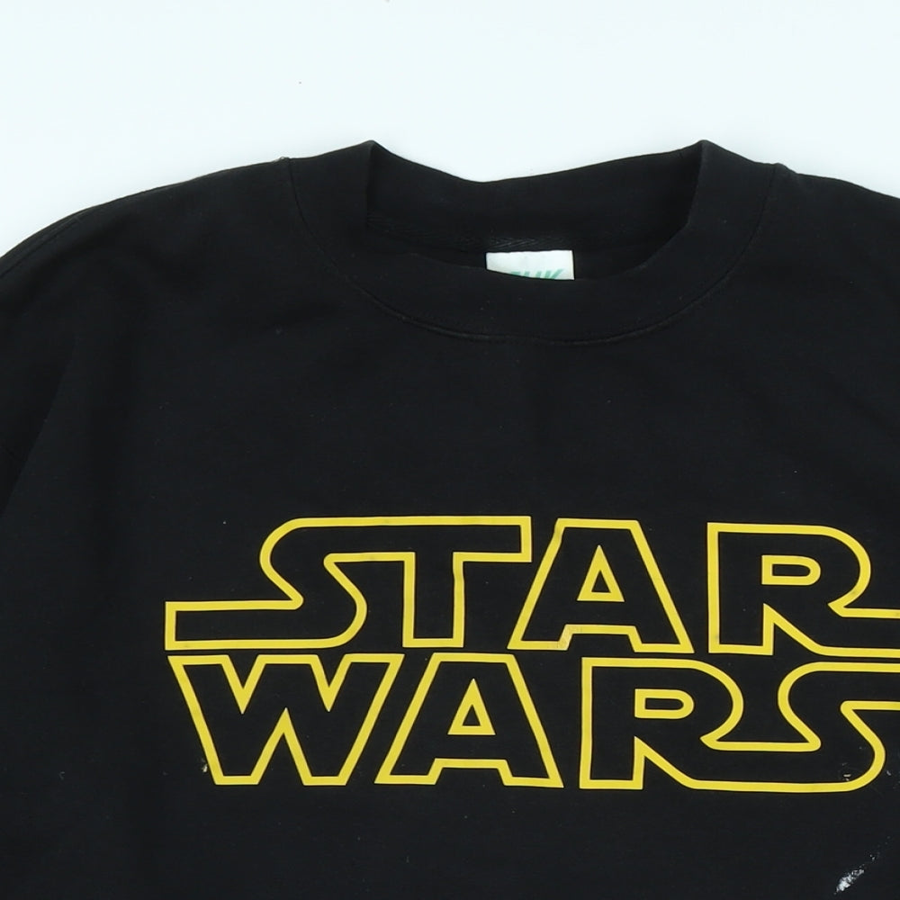 Close-up detail of Star Wars boys’ black polyester pullover sweatshirt, size M, - logo - star wars