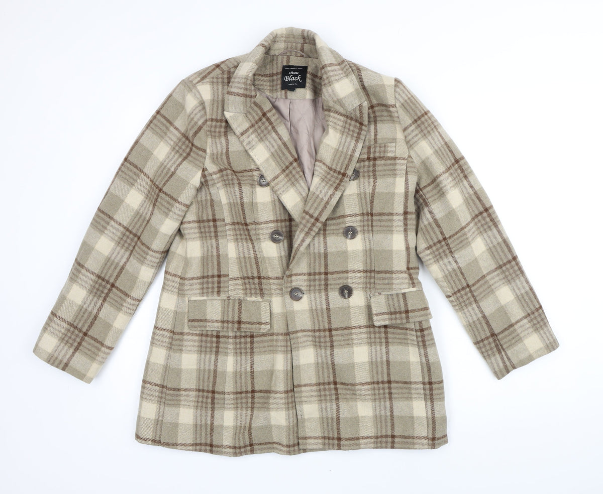 Front view of Chuu black women’s brown check jacket coat, size S, buckle