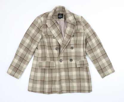 Front view of Chuu black women’s brown check jacket coat, size S, buckle