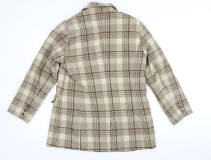 Back view of Chuu black women’s brown check jacket coat, size S, buckle