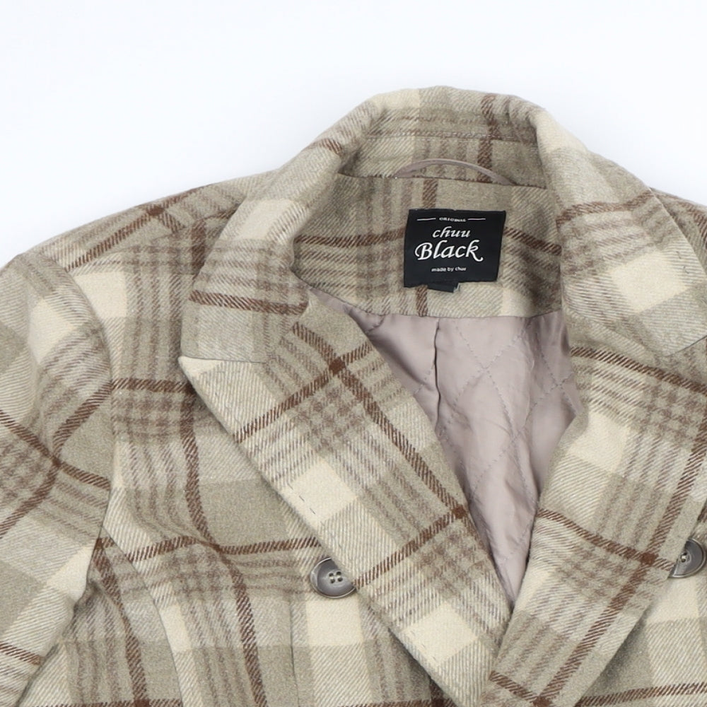 Close-up detail of Chuu black women’s brown check jacket coat, size S, buckle
