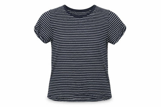 Front view of ASOS women’s blue striped cotton basic t-shirt, size UK 12, round neck