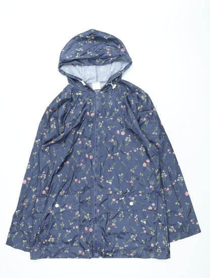 Anne De Lancay Womens Blue Floral Rain Coat Coat Size M Zip