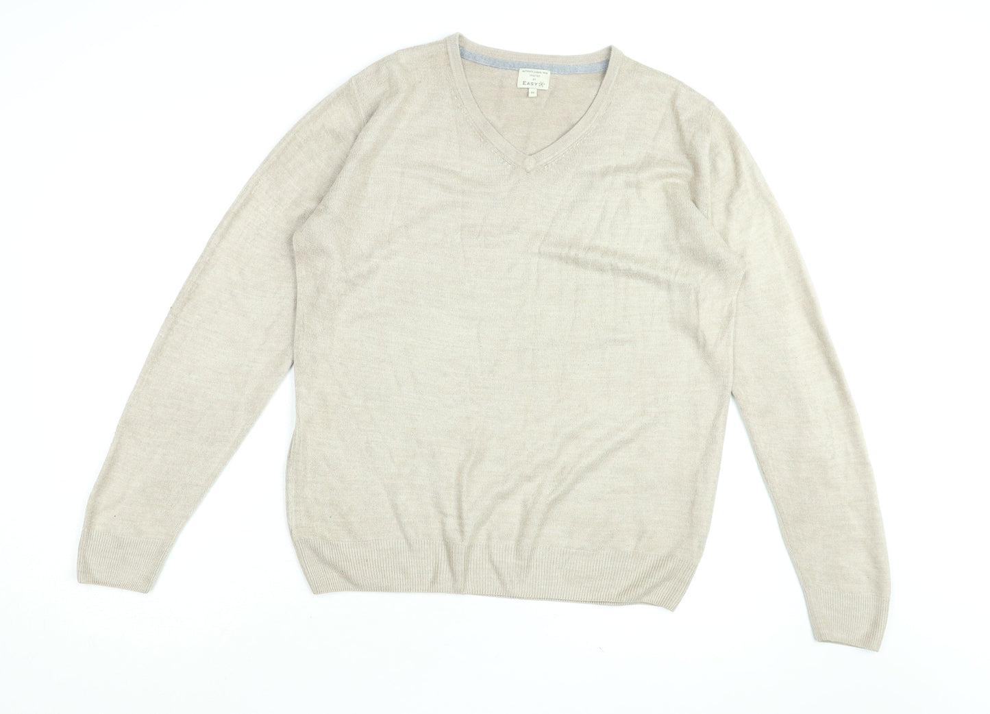 Easy Mens Beige V-Neck Acrylic Pullover Jumper Size M Long Sleeve