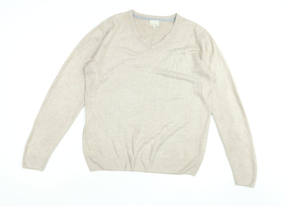 Easy Mens Beige V-Neck Acrylic Pullover Jumper Size M Long Sleeve