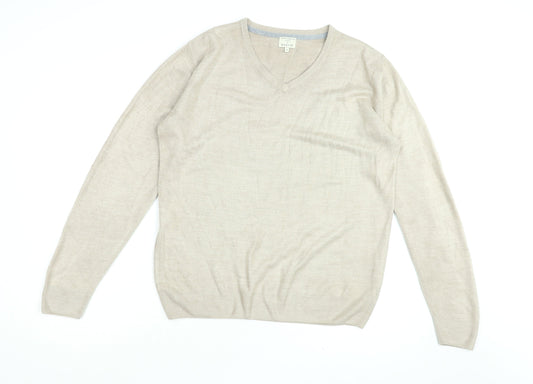 Easy Mens Beige V-Neck Acrylic Pullover Jumper Size M Long Sleeve