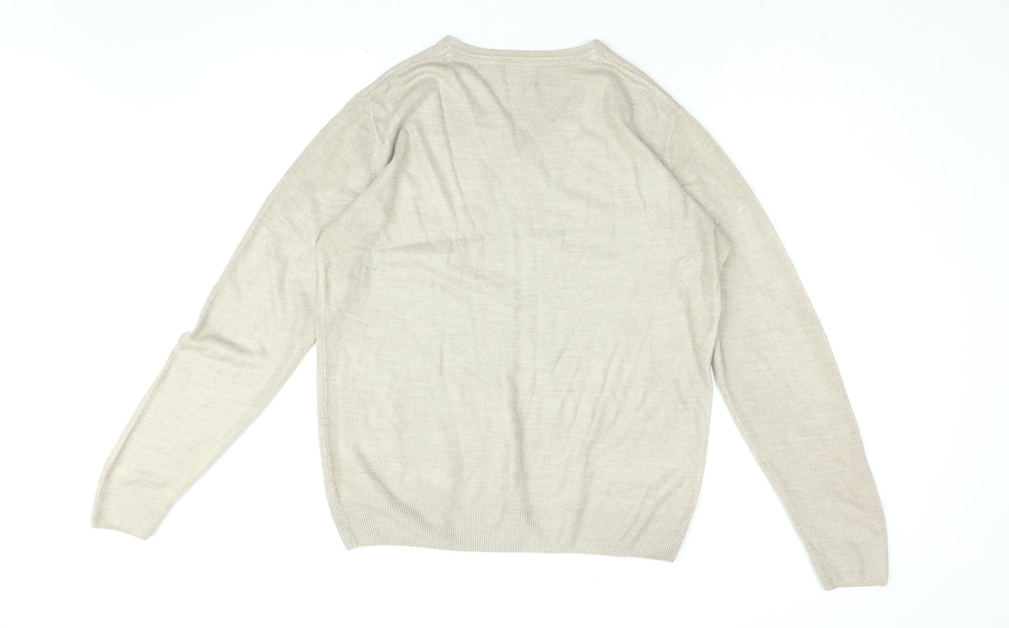 Easy Mens Beige V-Neck Acrylic Pullover Jumper Size M Long Sleeve