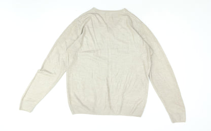 Easy Mens Beige V-Neck Acrylic Pullover Jumper Size M Long Sleeve