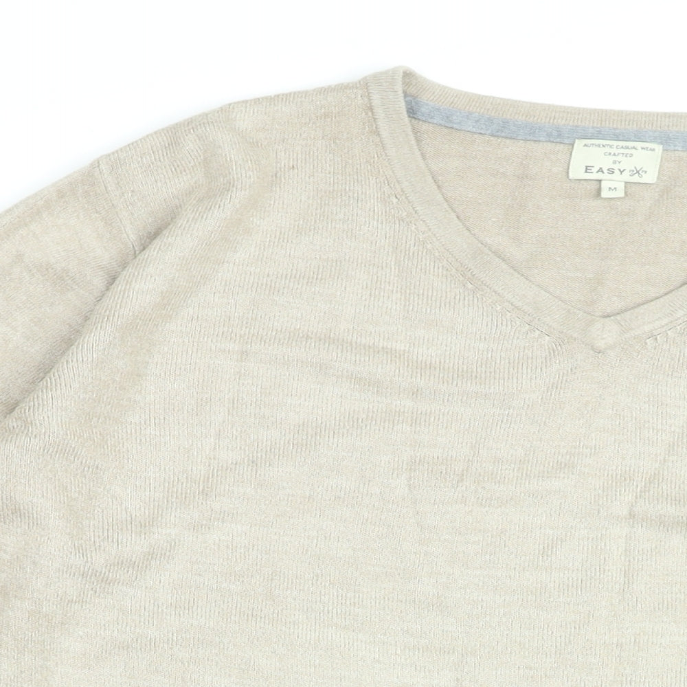 Easy Mens Beige V-Neck Acrylic Pullover Jumper Size M Long Sleeve