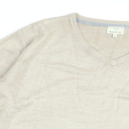 Easy Mens Beige V-Neck Acrylic Pullover Jumper Size M Long Sleeve