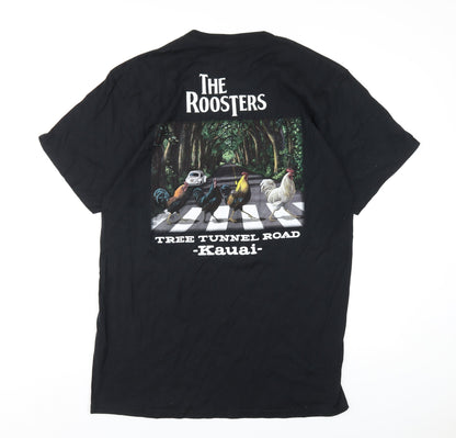 The Roosters Mens Black Cotton T-Shirt Size L Round Neck