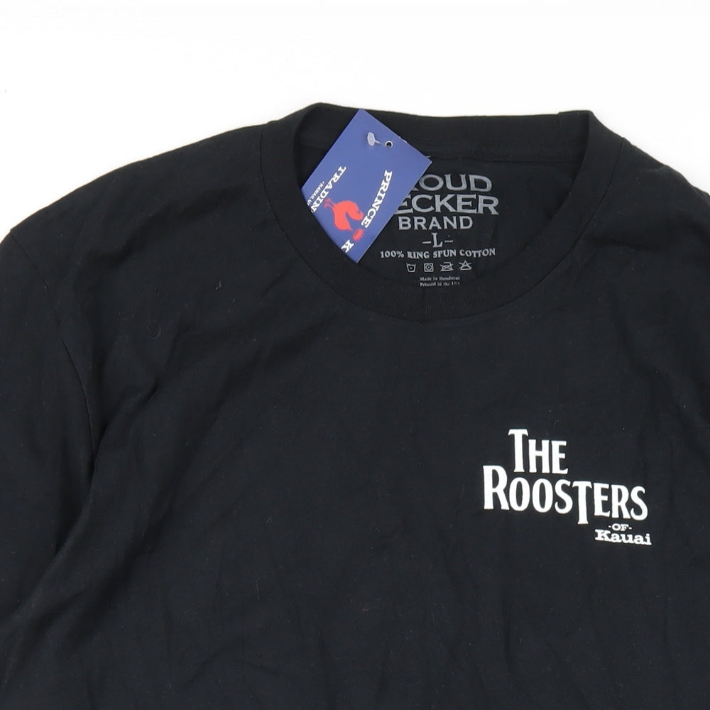 The Roosters Mens Black Cotton T-Shirt Size L Round Neck