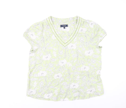 Maine Womens Green Floral Viscose Basic T-Shirt Size 14 V-Neck