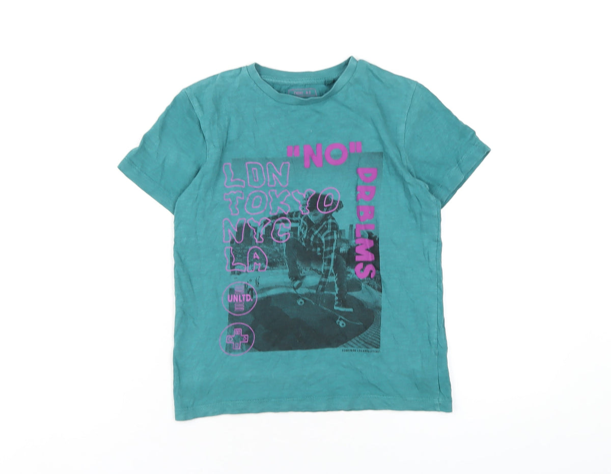 Next Boys Green Cotton Basic T-Shirt Size 7 Years Round Neck Pullover