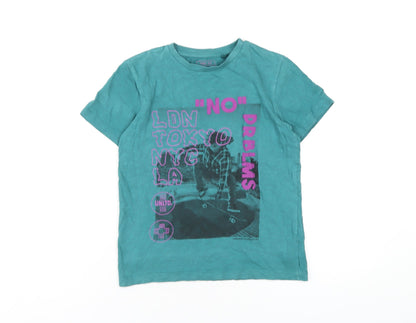 Next Boys Green Cotton Basic T-Shirt Size 7 Years Round Neck Pullover