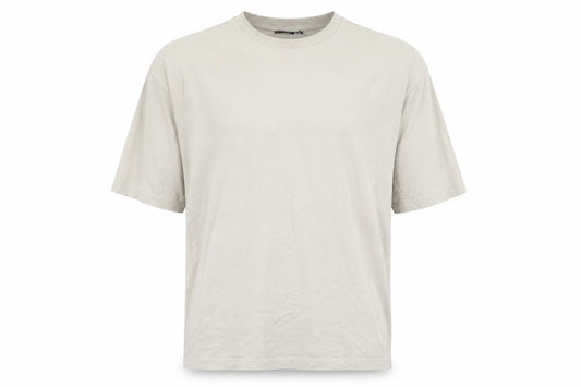 Front view of ASOS men’s beige cotton t-shirt, size M, round neck