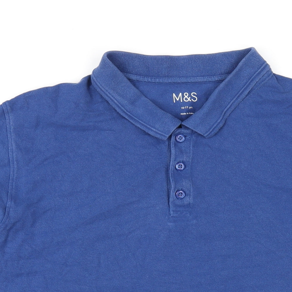 Marks and Spencer Boys Blue Cotton Basic Polo Size 16 Years Collared Button