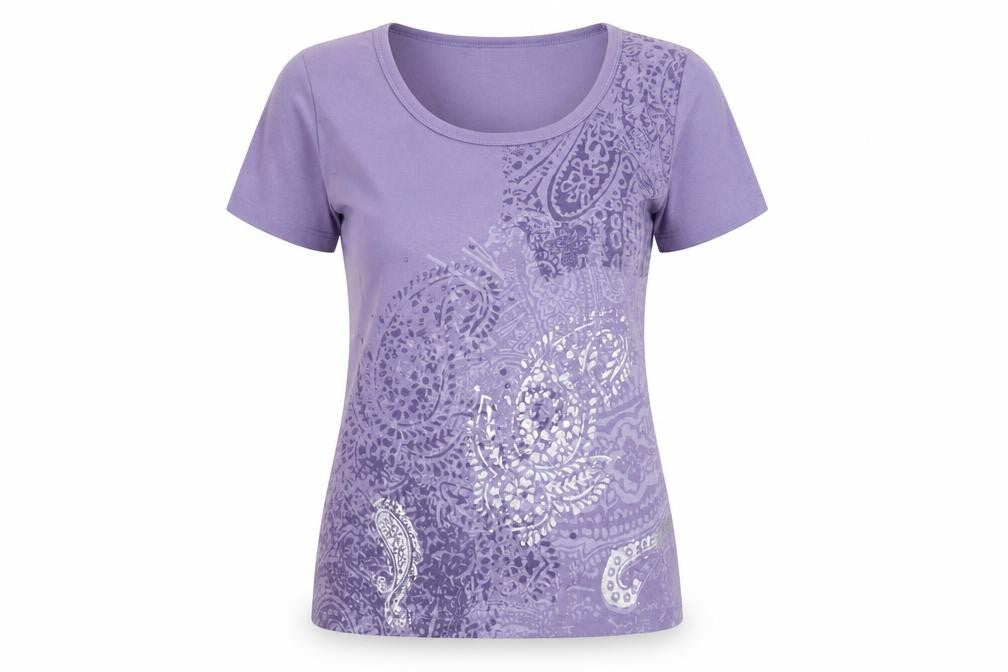 Front view of Ella J women’s purple polyester basic t-shirt, size M, roll neck
