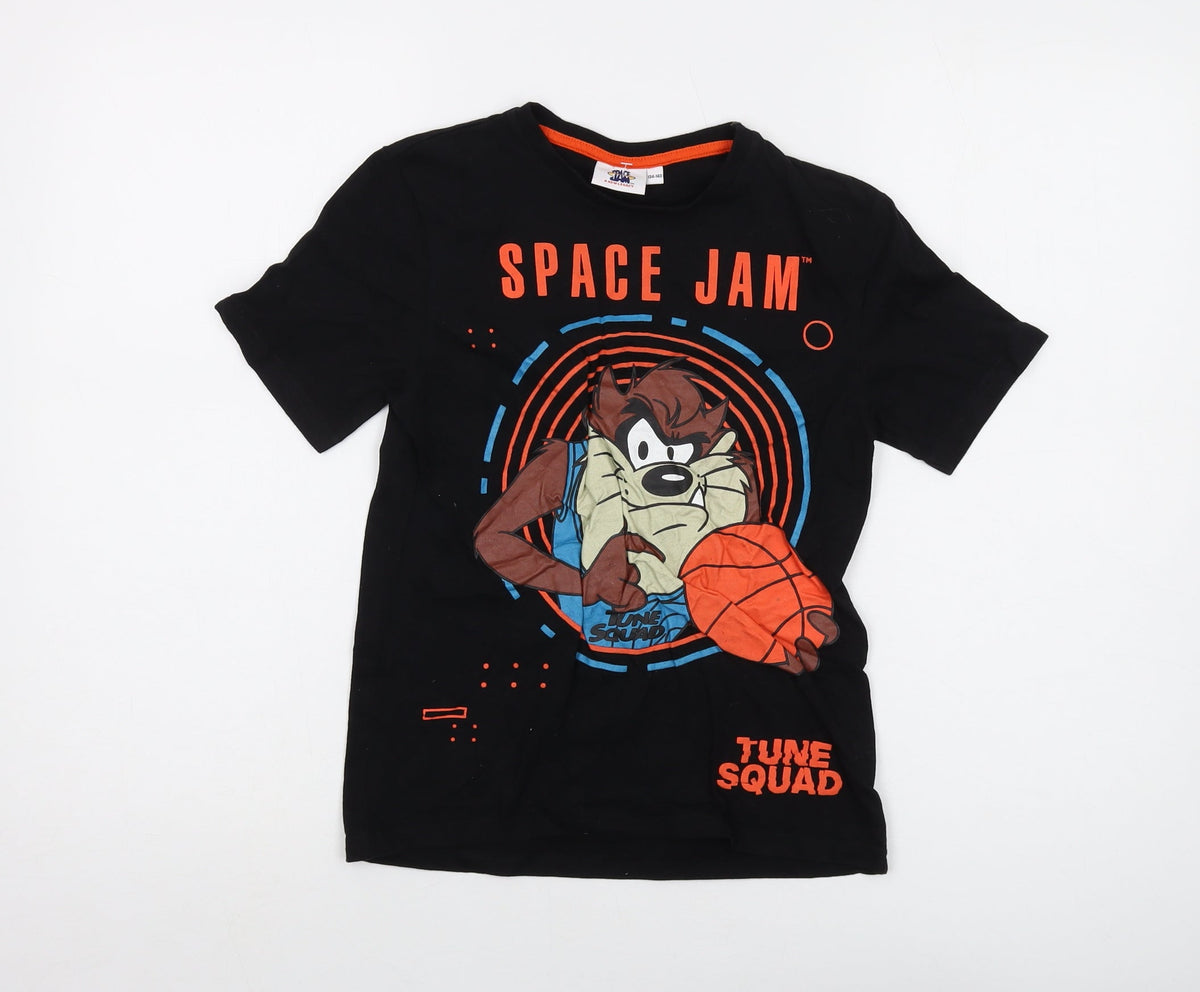 Front view of Space Jam boys’ black cotton basic t-shirt, size 9-10, years crew neck pullover