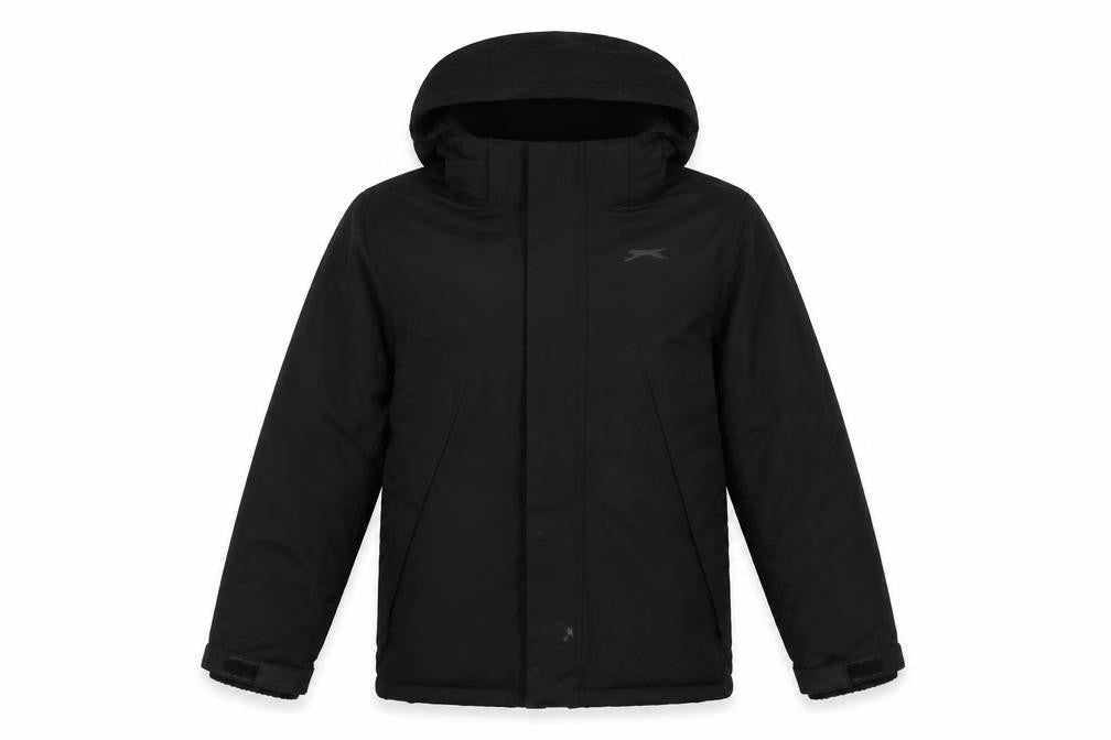 Front view of Slazenger boys’ black jacket, size 7-8, years zip