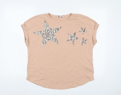 NEXT Womens Pink Cotton Basic T-Shirt Size 12 Crew Neck - Stars, Sequins