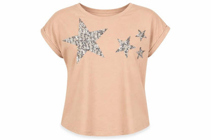 Next Womens Pink Cotton Basic T-Shirt Size 12 Crew Neck - Stars, Sequins