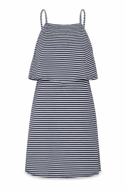 Front view of Miss Selfridge women’s black striped viscose a-line, size UK 10, square neck pullover