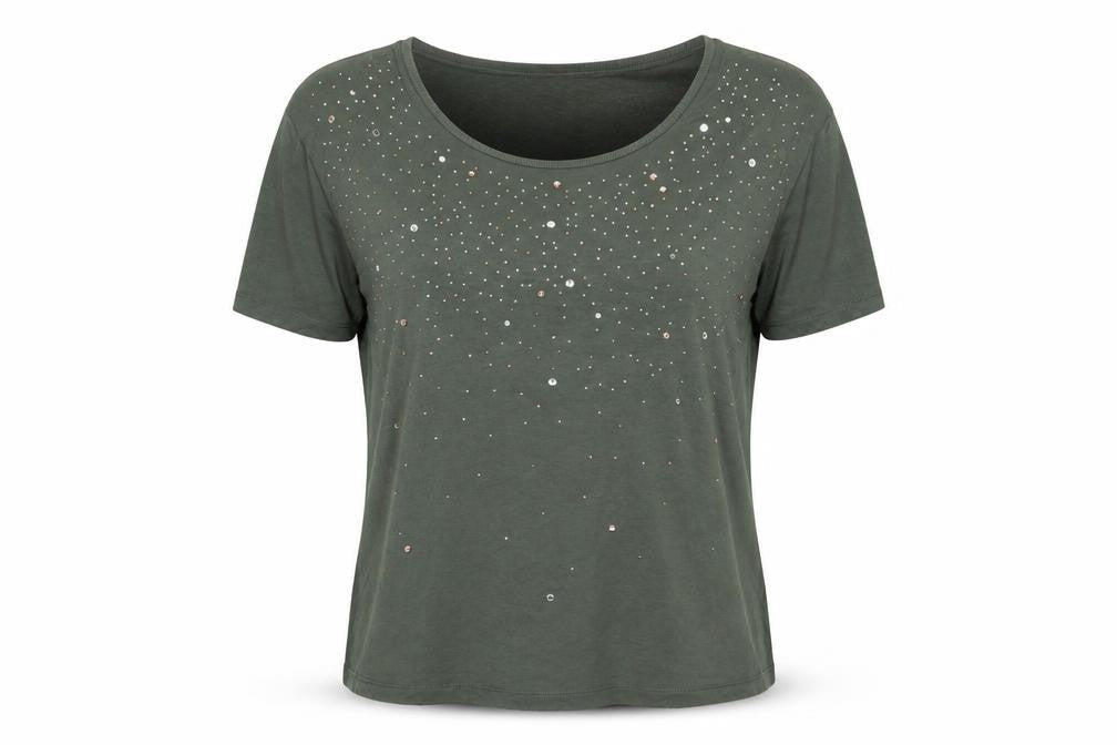Next Womens Green Viscose Basic T-Shirt Size 10 Scoop Neck - Studded
