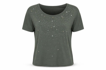 Next Womens Green Viscose Basic T-Shirt Size 10 Scoop Neck - Studded