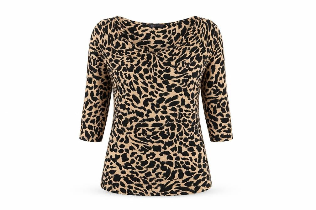 Marks & Spencer Womens Brown Animal Print Viscose Basic T-Shirt Size 8 Cowl Neck