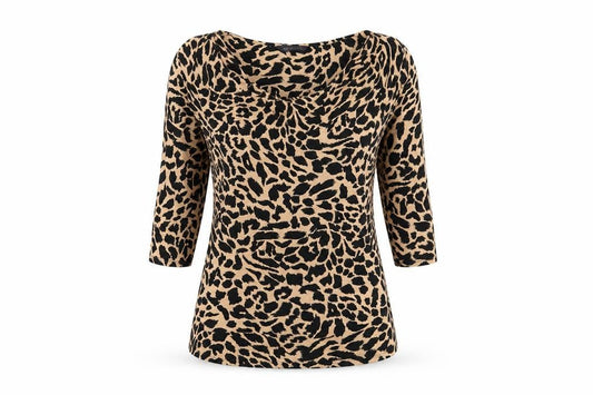 Marks & Spencer Womens Brown Animal Print Viscose Basic T-Shirt Size 8 Cowl Neck