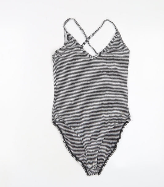 FOREVER 21 Womens White Striped Cotton Bodysuit One-Piece Size S Snap