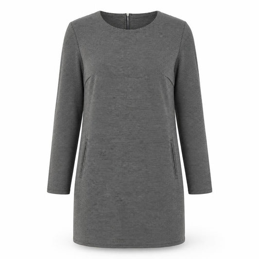 Front view of Kaliko Women's Grey Striped Shift Dress Medium