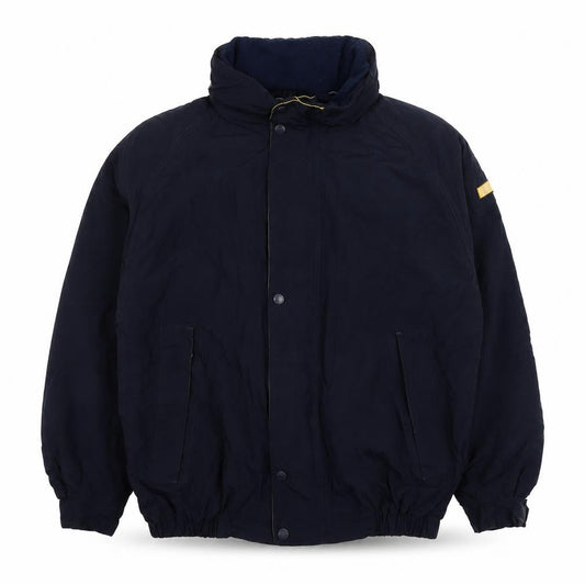 Front view of Maine New England men’s blue bomber jacket jacket, size M, zip