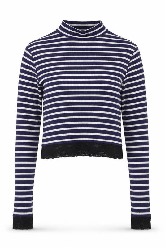 Front view of ASOS women’s blue striped viscose jersey t-shirt, size UK 6, round neck