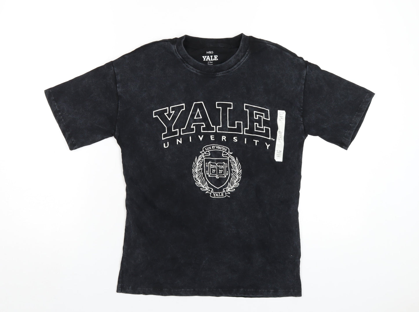 Yale Girls Black Cotton Basic T-Shirt Size 9-10 Years Round Neck Pullover - Yale University