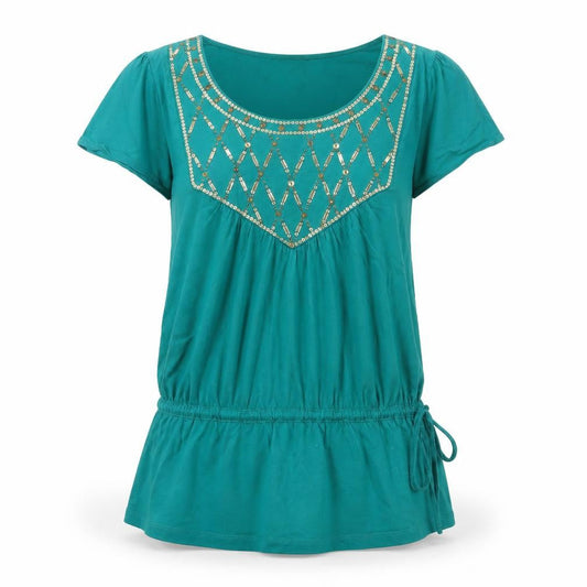 Front view of Savoir women’s green cotton tunic t-shirt, size UK 10, scoop neck - sequins