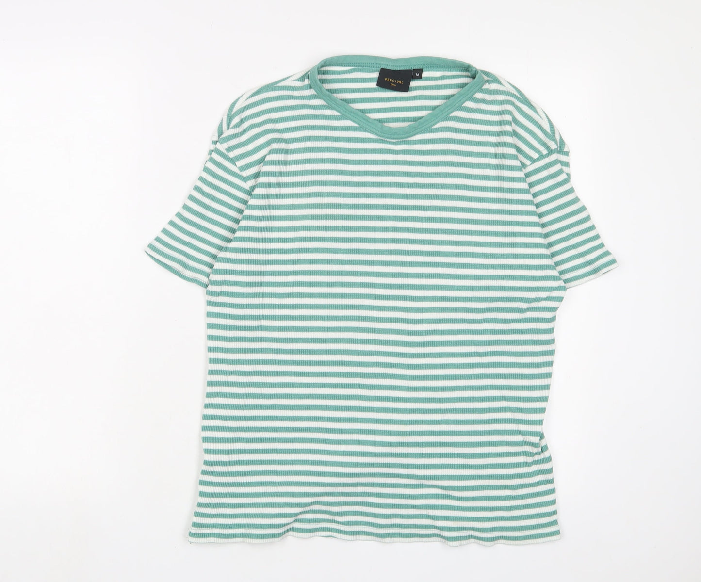 Percival Womens Green Striped Cotton Basic T-Shirt Size M Crew Neck