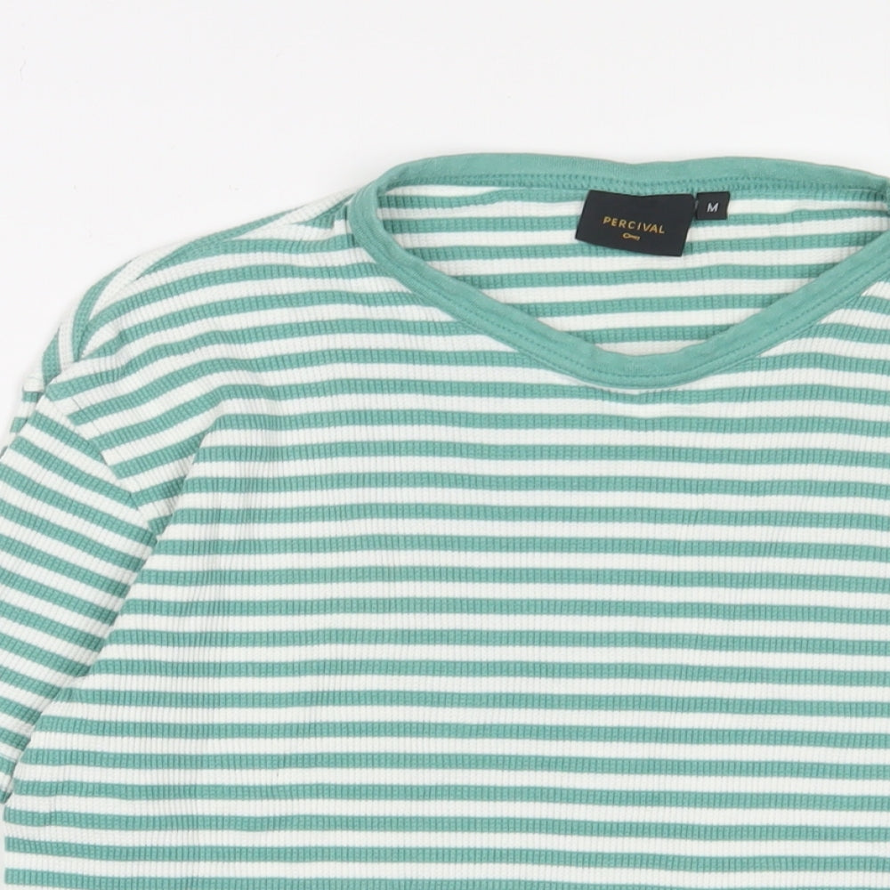 Percival Womens Green Striped Cotton Basic T-Shirt Size M Crew Neck